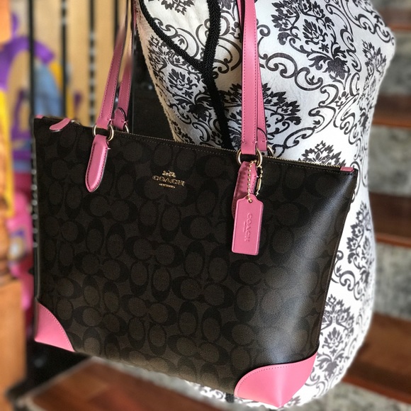 Coach signature coated brown pvc pink leather tote - Picture 3 of 8